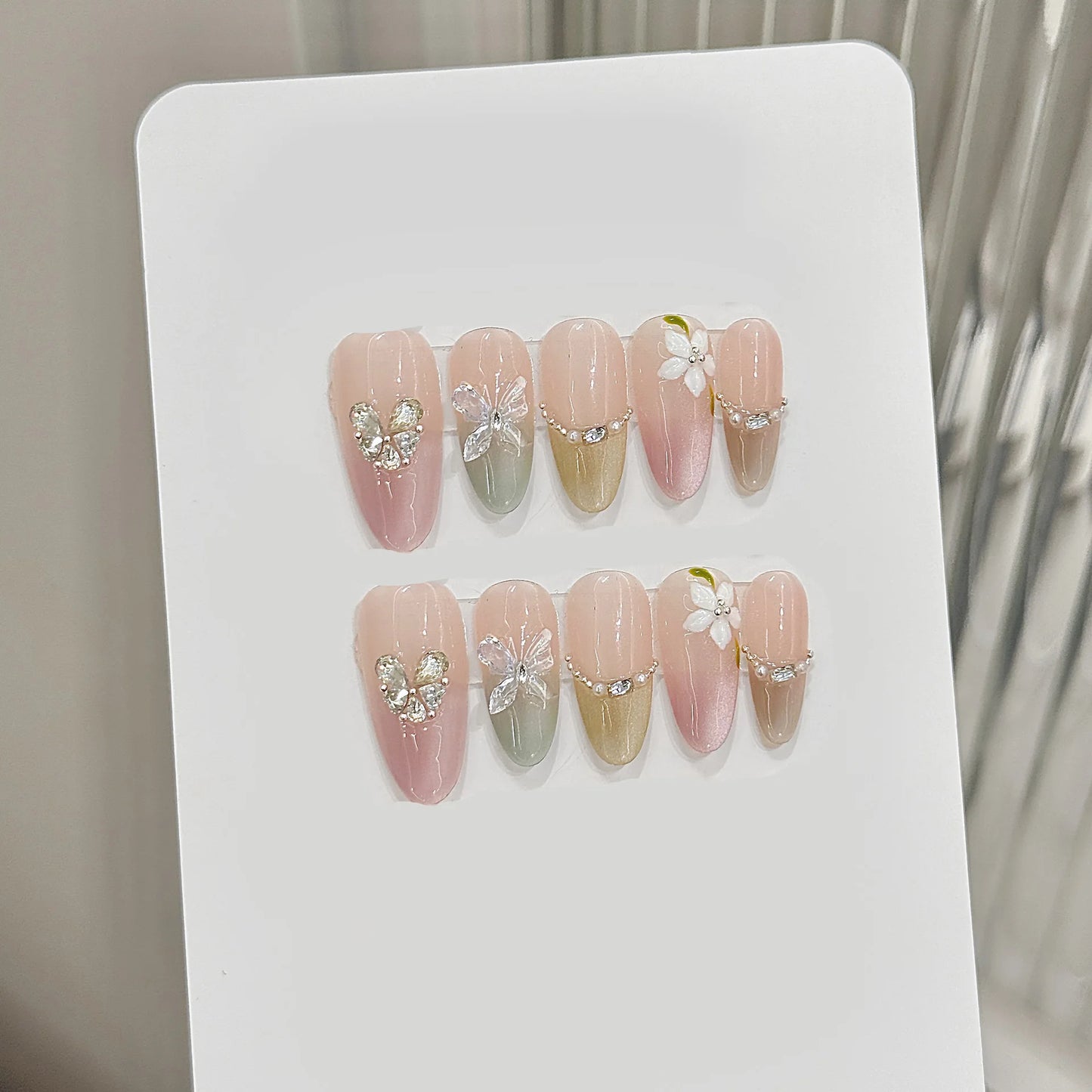 Press On Nails Pink Green Cat Eye Butterfly | Korean French Style
