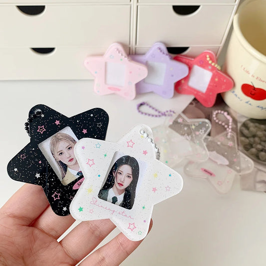 Glitter Five-pointed Star Hard Card Holder One-inch Student ID Photo Decorative Pendant New Acrylic Keychain Pendant Card Holder Peaceful Pleasures Health and Wellness