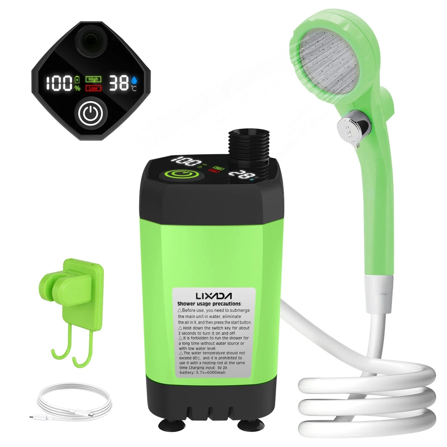 Adjustable 6000mAh Shower Camping Pump RV Outdoor Camp W Full Screen