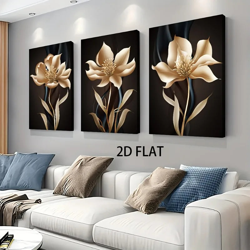 2D Flat, 3pcs of Modern Abstract Black and Golden Floral Wall Art Canvas Paintings for Living Room Decoration, 2D Flat Frameless Peaceful Pleasures Health and Wellness