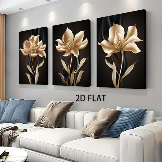 2D Flat, 3pcs of Modern Abstract Black and Golden Floral Wall Art Canvas Paintings for Living Room Decoration, 2D Flat Frameless Peaceful Pleasures Health and Wellness