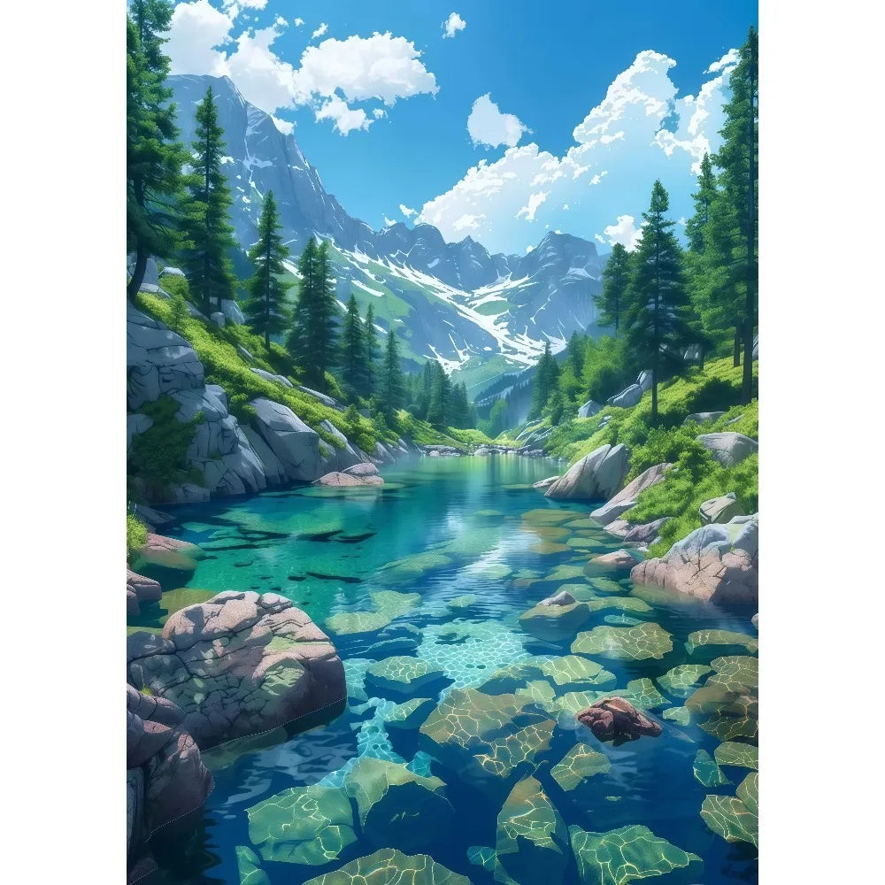 Anime Summer Landscape Canvas Wall Art | Beach Forest Cabin