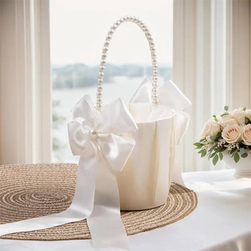 Wedding Flower Basket White Satin Pearl Bowknot Wedding Scattering Flower Basket Foldable Flower Women Pearl Handle Baskets Peaceful Pleasures Health and Wellness