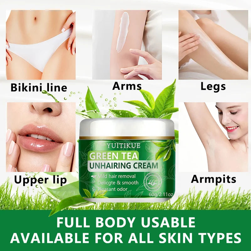 YUITIKUE Green Tea Depilatory Cream – Gentle Hair Removal 60g Hair Removal Cream Peaceful Pleasures Health and Wellness
