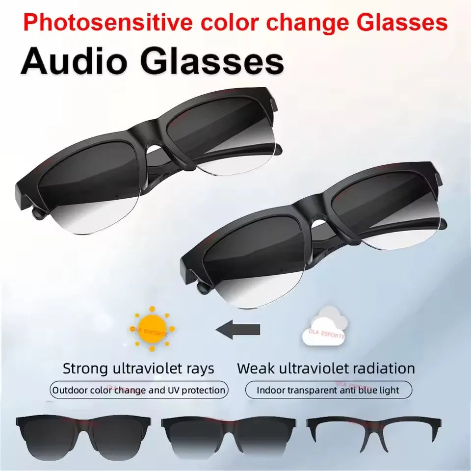 F02 Photosensitive Color Change Smart Glasses Bluetooth Voice Calls Control Music UV Polarized Sunglasses Headphone Smartglasses Peaceful Pleasures Health and Wellness 2Bk-Wh
