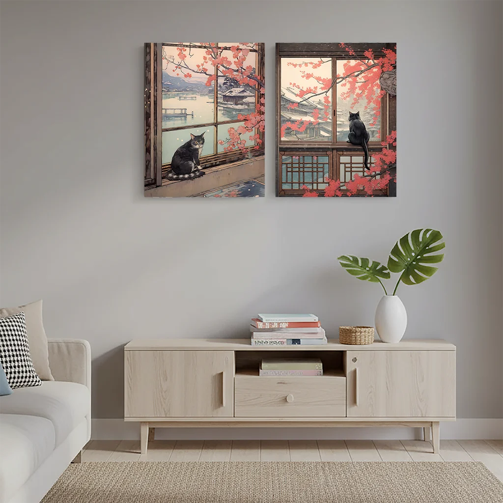 Vintage Animal Wall Art, Japanese Ukiyo-e Cherry Blossom Canvas Painting, Aesthetic Poster Print for Bedroom Living Room Decor Peaceful Pleasures Health and Wellness