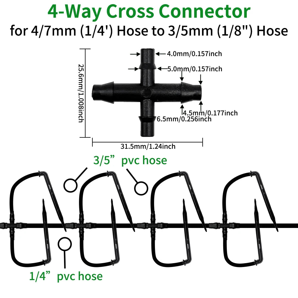 Greenhouse Drip Irrigation Kit Automatic Watering System Garden 4-Way 4/7mm to 3/5mm Hose Dripper for Pot Plant Vegetable Bonsai Peaceful Pleasures Health and Wellness