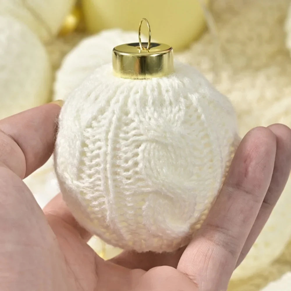 12-Piece White Knitted Yarn Christmas Ball Ornaments Set