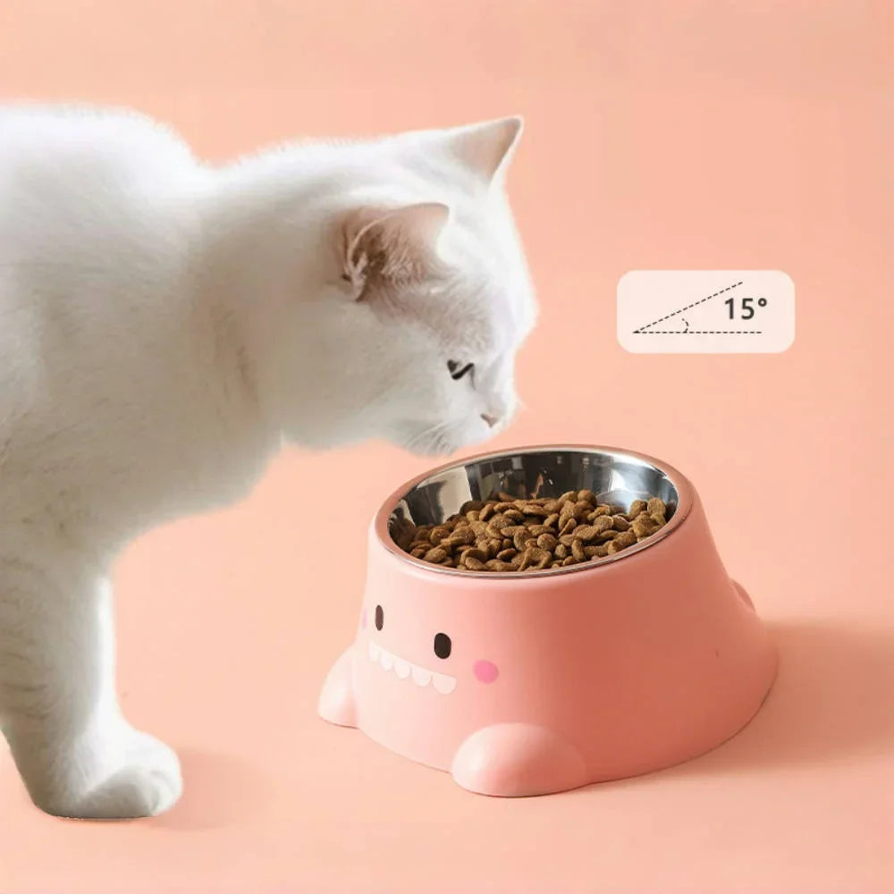 Cartoon Dinosaur Elevated Tilted Pet Bowl | Stainless Steel