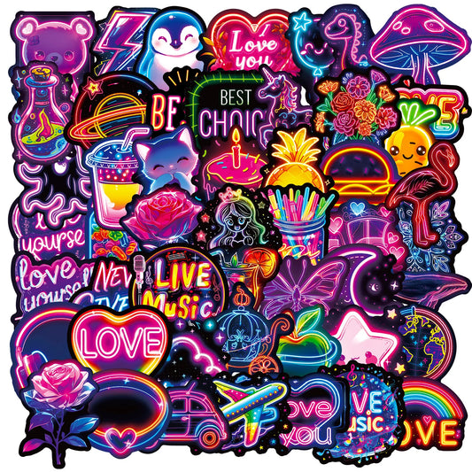50-Pack Waterproof Sticker Sheets Vibrant Neon Glow Designs Luggage Peaceful Pleasures Health and Wellness 50pcs