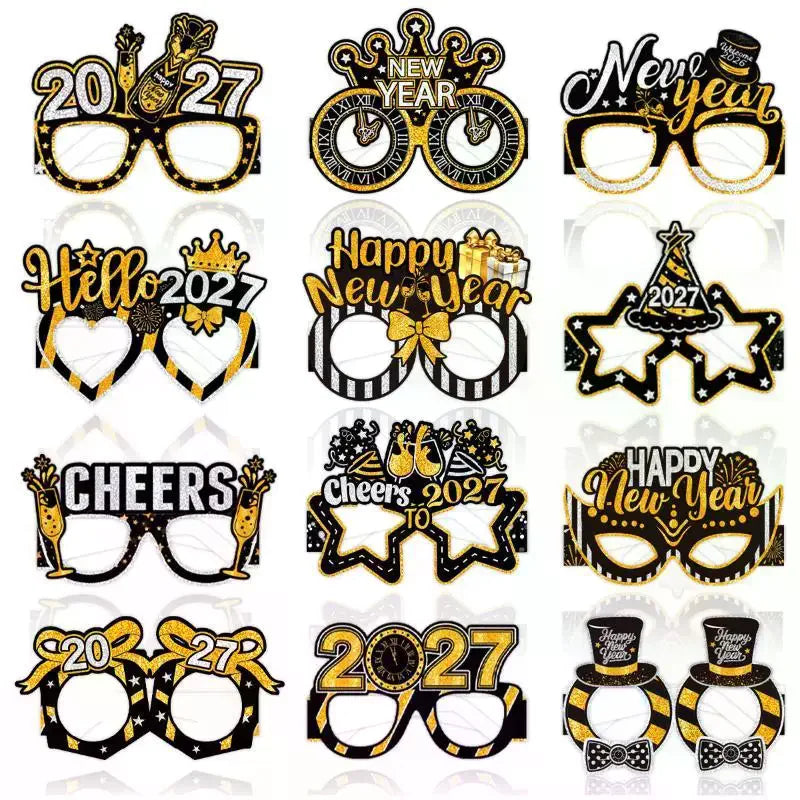2027 New Year Party Paper Glasses 6pcs Black Gold Glitter