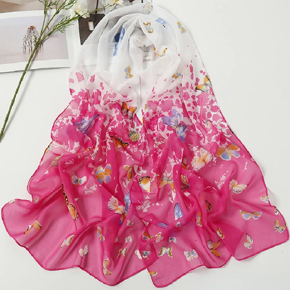 Women's Chiffon Floral Scarf – Gradient Long Wrap Shawl 160×50cm