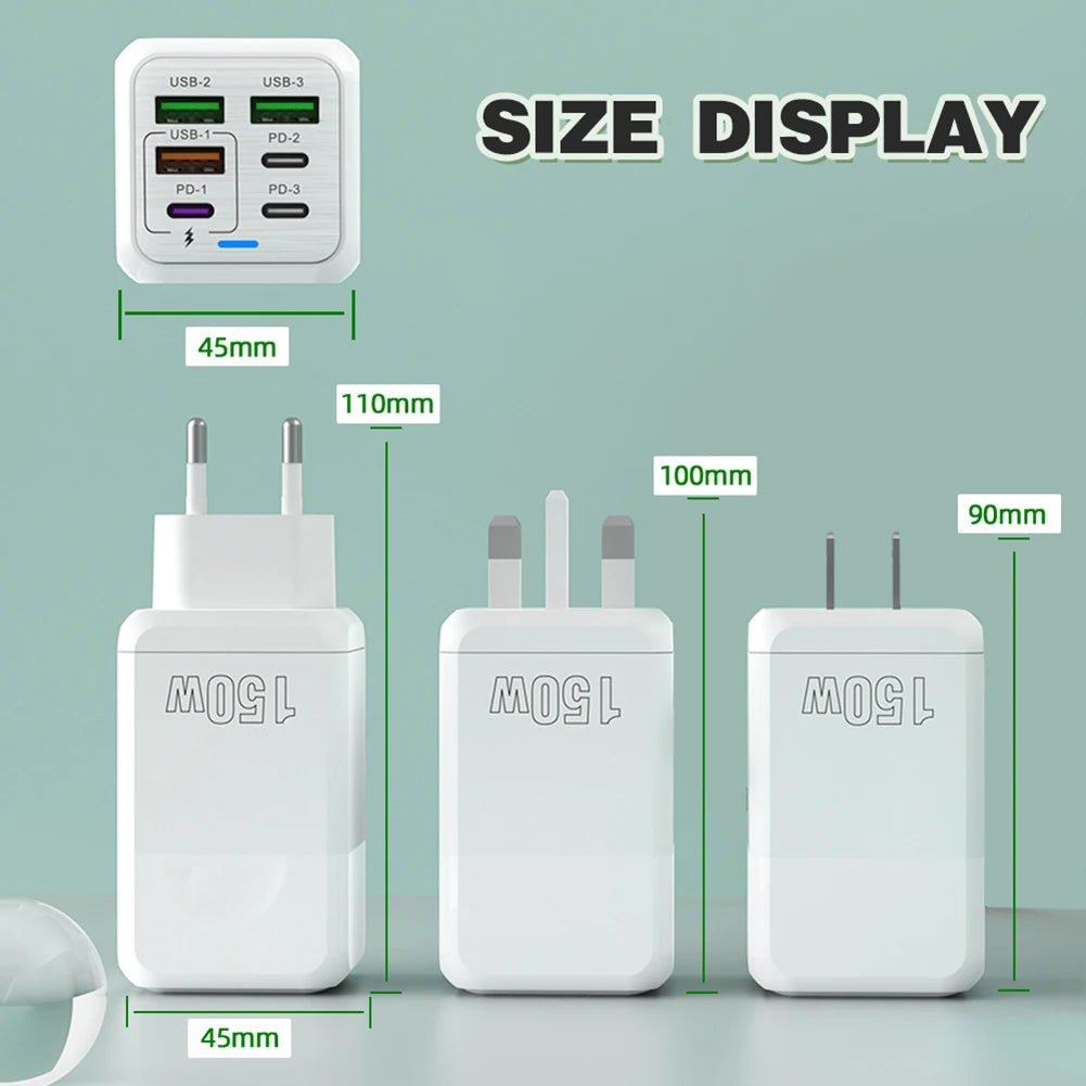 150W 6-in-1 Multi-Port Fast Charger | 3 USB + 3 PD