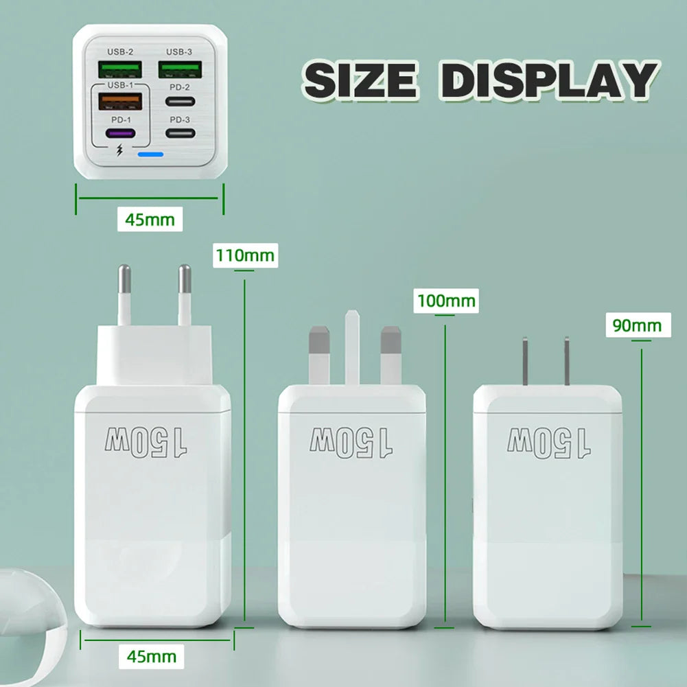 150W 6-in-1 Fast Charger | 3 USB + 3 USB-C PD Ports