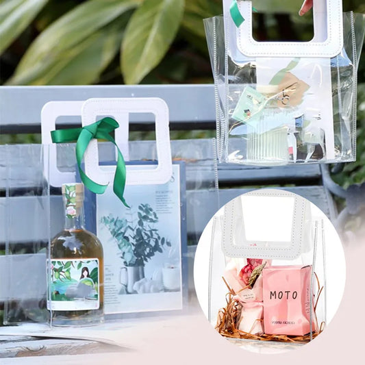 Clear PVC Gift Bag Leather Handle 18×10×20cm | Party & Wedding Clear Gift Bag Peaceful Pleasures Health and Wellness