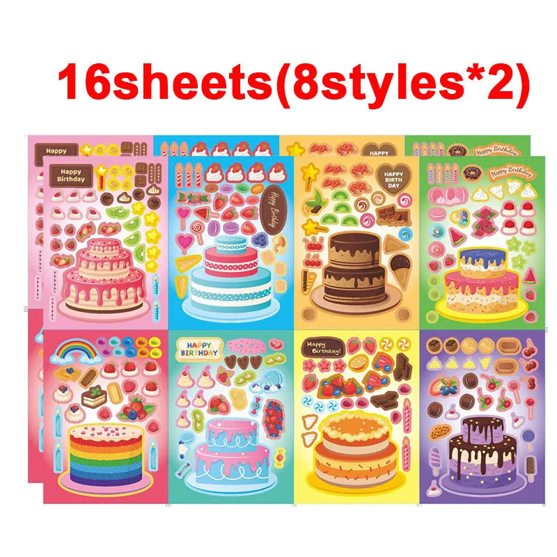 Puzzle Assemble Birthday Cake Stickers Sheets Kids Children Party