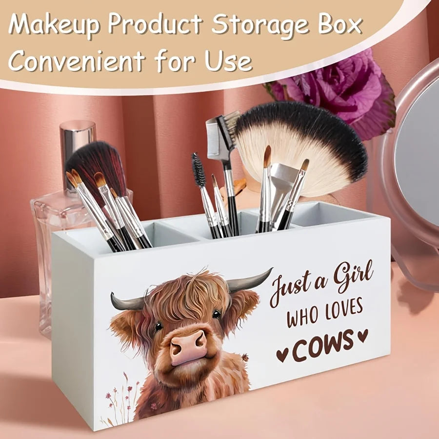 Highland Cow Pen Holder Organizer Makeup Brushes Storage Box Desk Decor for Women, Pencil Box Home Office Decoration Peaceful Pleasures Health and Wellness