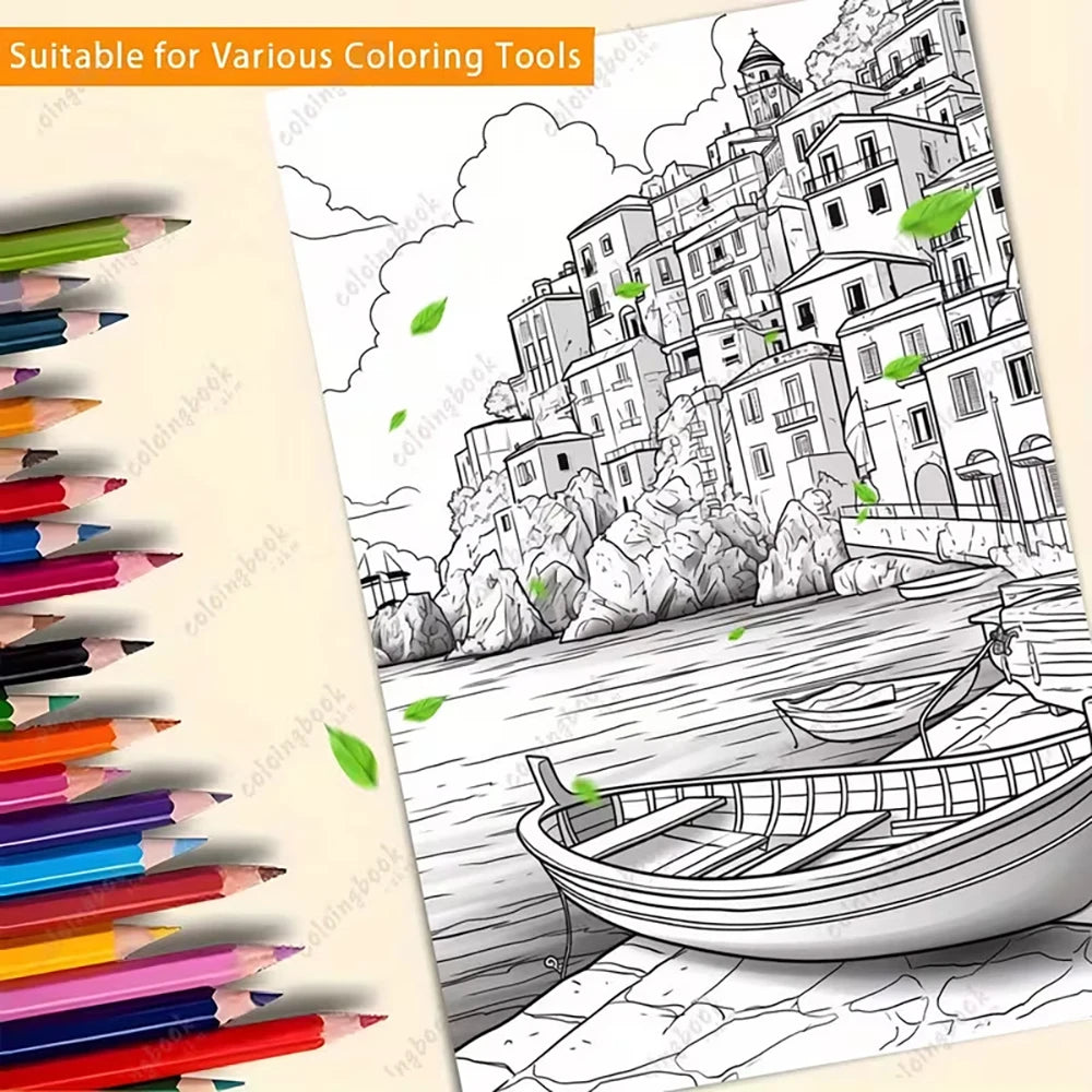 24 Page A4 Italian Architectural Landscape Coloring Book Leisurely