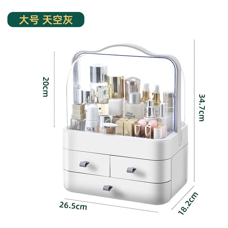 Cosmetics Receiving Box Dust-Proof Desktop Makeup Organizer with Drawer for Skin Care Products Household Storage Box Shelf Peaceful Pleasures Health and Wellness Grey