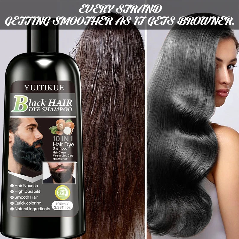 YUITIKUE Black Hair Dye Shampoo 100ml 10-in-1 Natural Ingredients Quick Coloring Nourishing Hair Care Peaceful Pleasures Health and Wellness