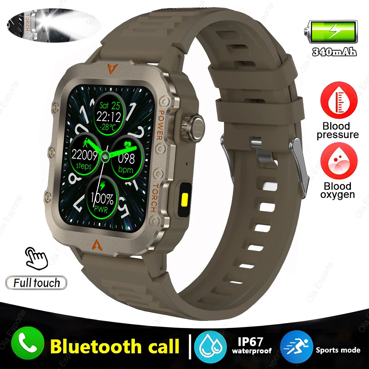 Military Sports Smartwatch | Bluetooth Call, Flashlight, IP69K