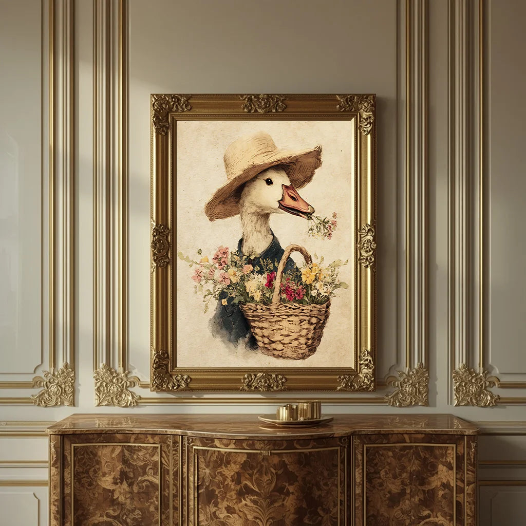 Vintage Animal Wall Art, Whimsical Duck Floral Canvas Painting, Cute Farm Mallard Poster Print for Bedroom Living Room Decor Peaceful Pleasures Health and Wellness