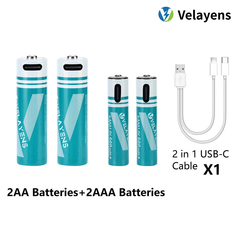 1.5V USB Rechargable Lithium Battery AA 2200mAh + AAA 600mAh Actual Capacity Fast Charging 2000+ Charge Cycles Peaceful Pleasures Health and Wellness 2AA 2AAA