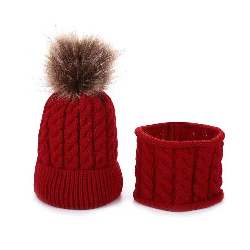 2pcs/set Children's Woolen Hat & Neck Scarf Set, Winter Solid Color Outdoor Cycling Thickened Warm Knitted Hat Peaceful Pleasures Health and Wellness Red