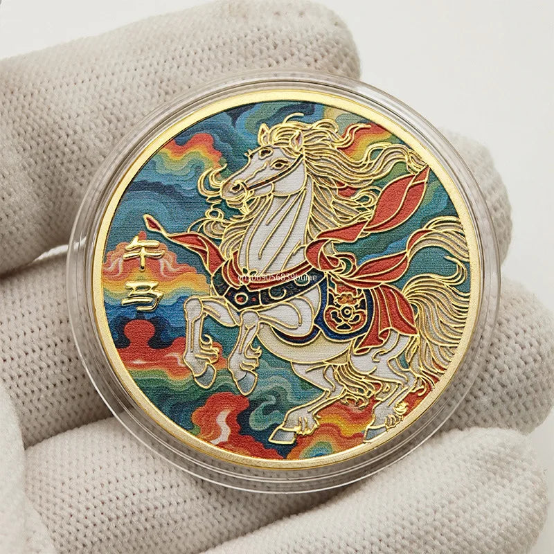 1PCS Colorful Twelve Zodiac Commemorative Medals Golden Coins Pig Dog Chicken Monkey Sheep Snake Horse Dragon Tiger Rabbit Gifts Peaceful Pleasures Health and Wellness