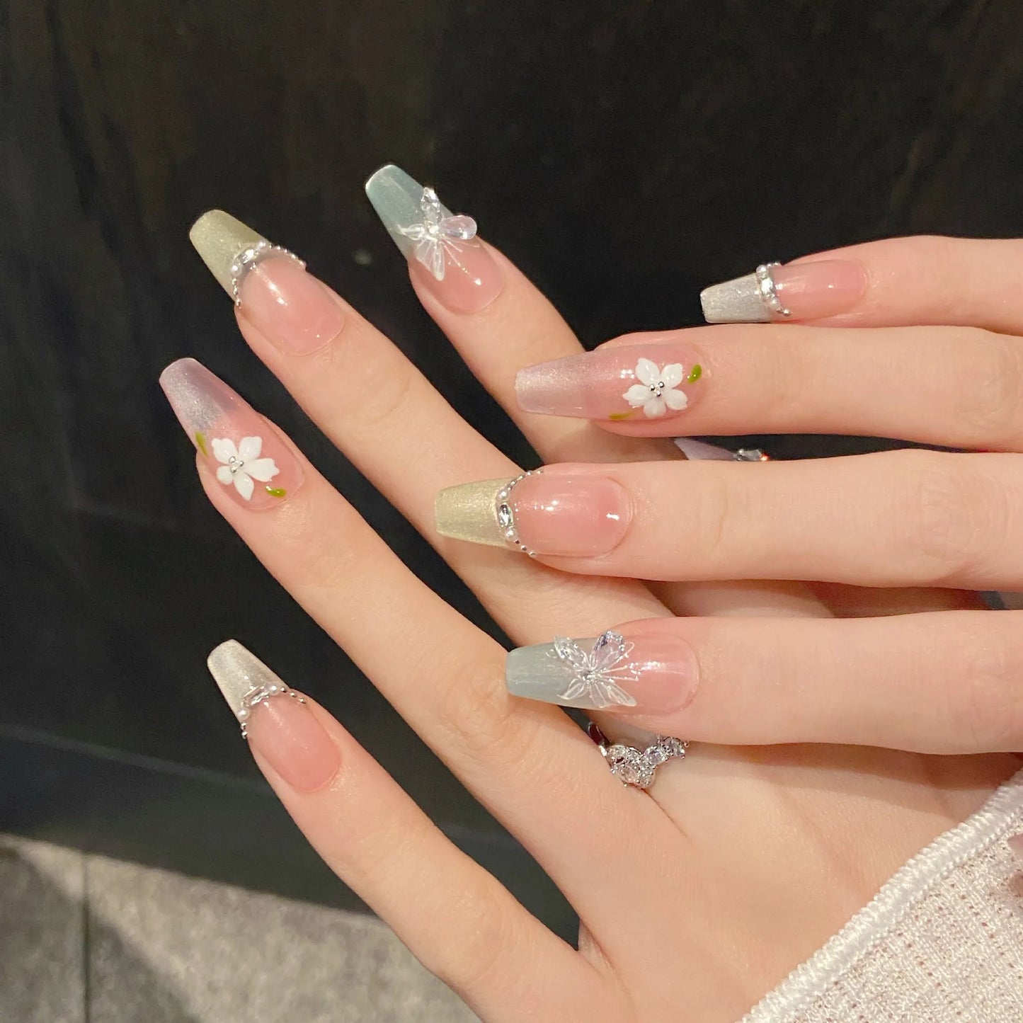 Press On Nails Pink Green Cat Eye Butterfly | Korean French Style