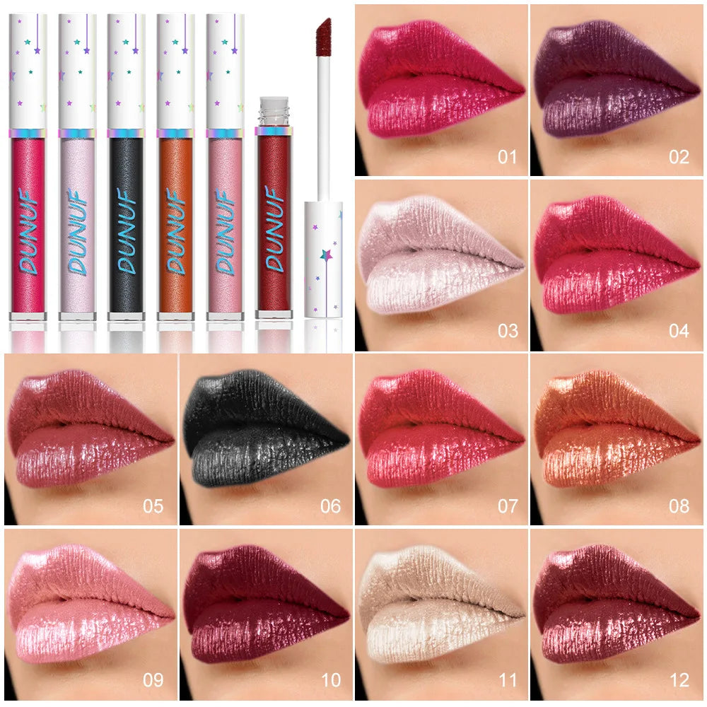 12-Color Metallic Glitter Lip Gloss | Diamond Pearlescent Lip Glaze