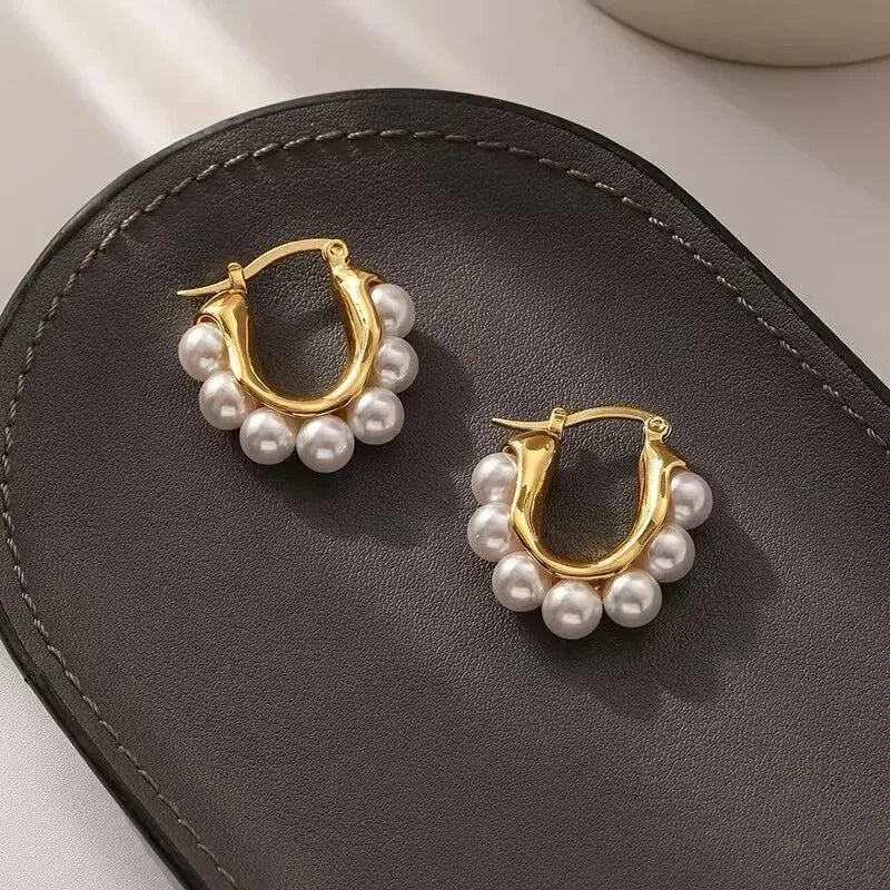 Gold Pearl U-Shaped Hoop Earrings for Women | Wedding Party