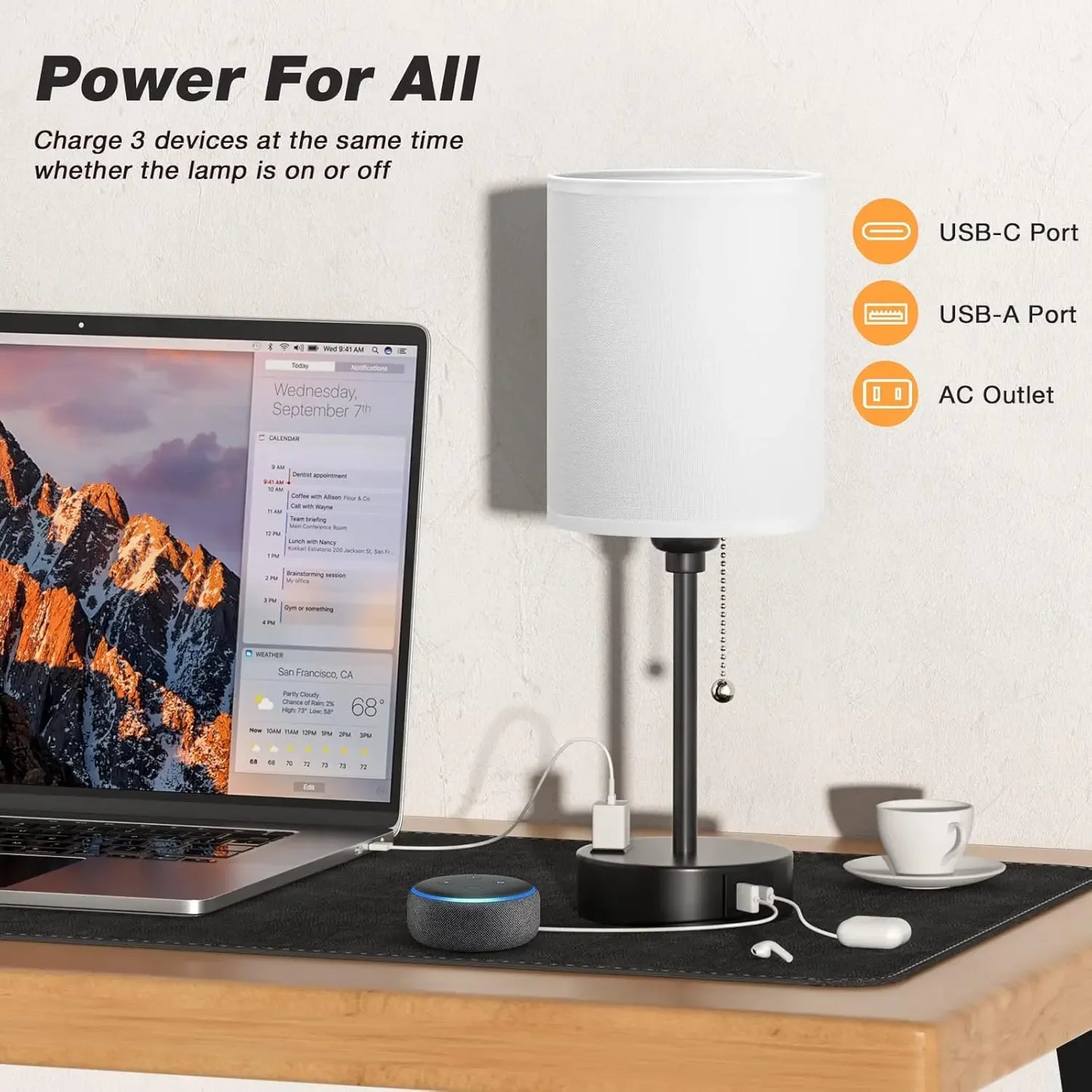 USB-C Bedside Lamp with 3 Color Temperatures, AC Outlet & Pull Chain - White Nightstand Light for Reading Peaceful Pleasures Health and Wellness