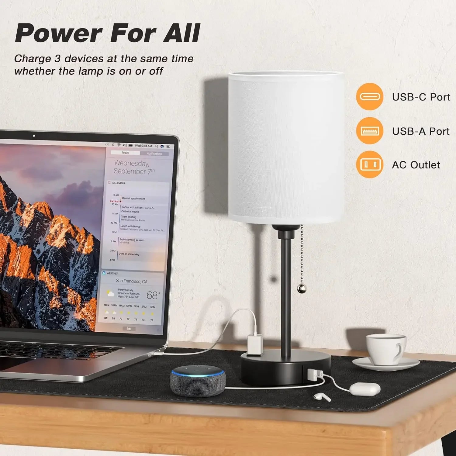 USB-C Bedside Lamp with 3 Color Temperatures, AC Outlet & Pull Chain - White Nightstand Light for Reading Peaceful Pleasures Health and Wellness