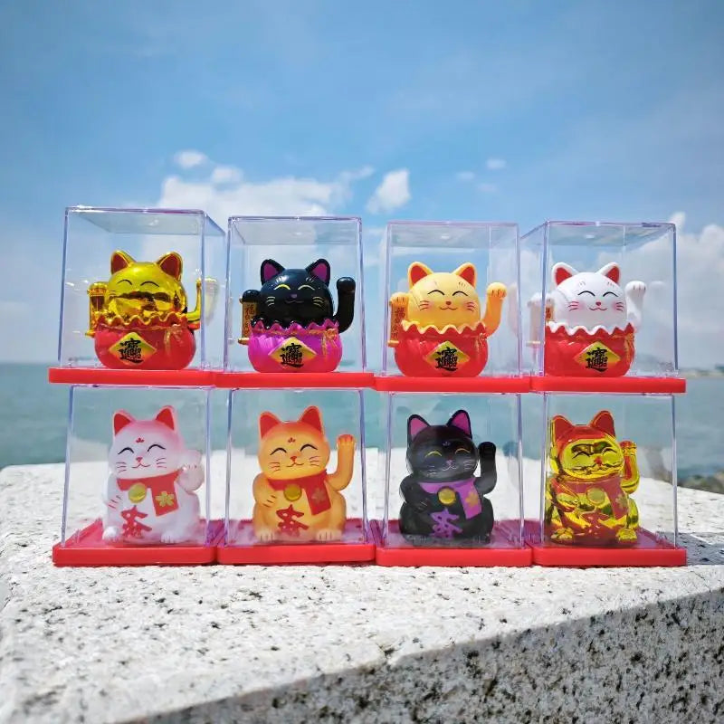 Solar Waving Lucky Cat Ornament | Mini 2" Desk Fortune Décor