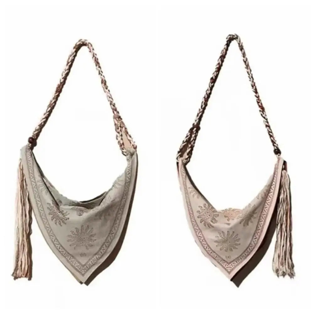 Bohemian Triangle Crossbody Bag | Linen Print Tassel Messenger Bag Crossbody Shoulder Bag Peaceful Pleasures Health and Wellness