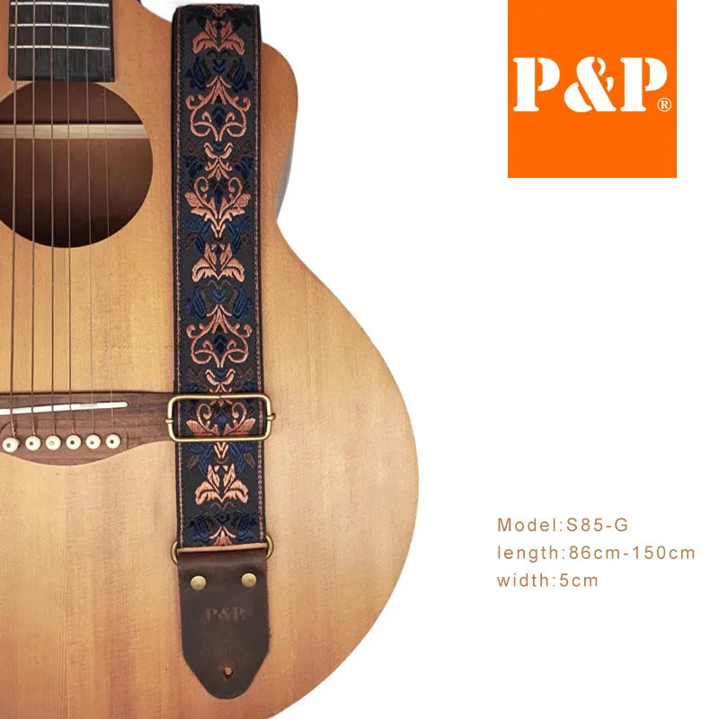 PP Guitar Strap S85 Series Ethnic Jacquard Embroidery Leather Brown