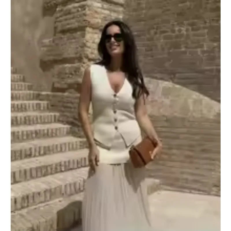 Women's V-Neck Gold Buckle Knitted Sleeveless Vest | Summer Top
