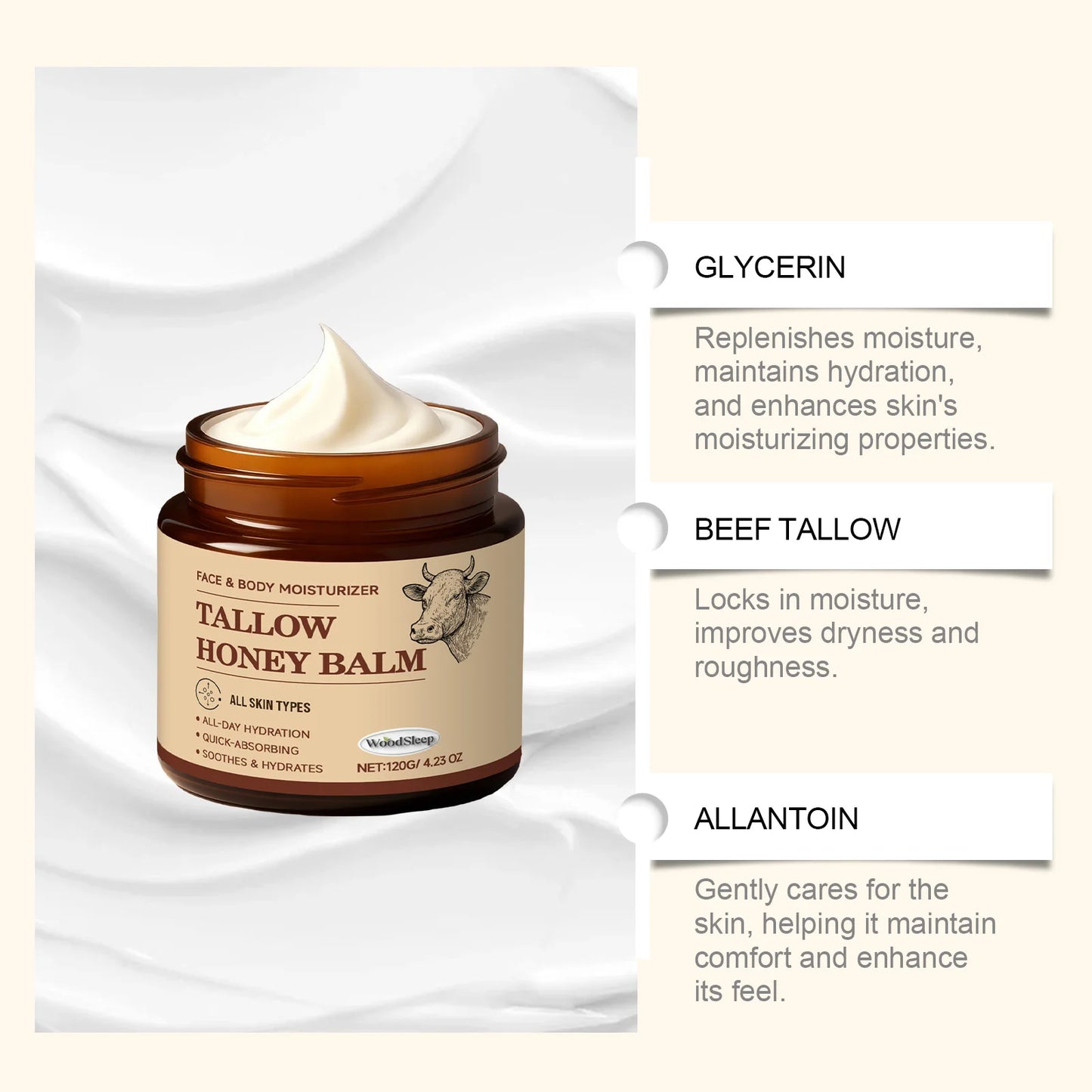 WOODSLEEP Beef Tallow & Honey Balm 120g – Deep Hydration Cream