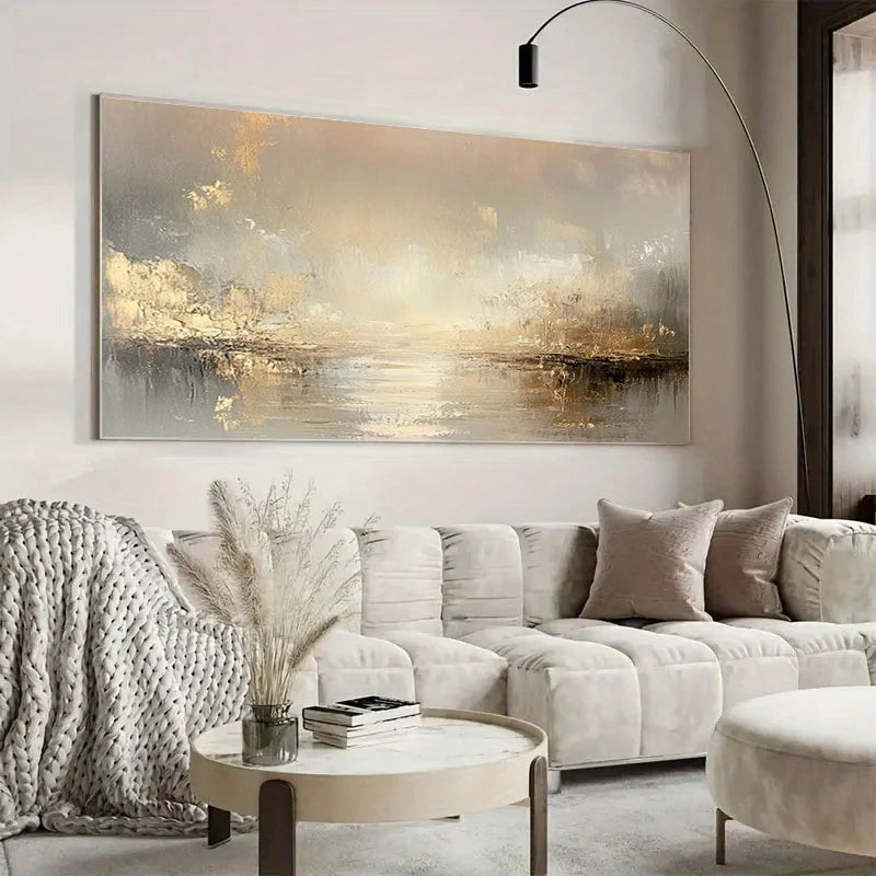 Large Abstract Beige and Golden Textured Oil Painting – Frameless Wall Art for Living Room, Bedroom, Home Office Wall Decor Peaceful Pleasures Health and Wellness