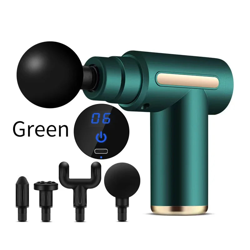 Mini Fascia Gun 6 Adjustable Speeds Portable Deep Tissue Massager With 4 Massage Heads For Muscle Relaxation Pain Relief Fitness Peaceful Pleasures Health and Wellness Green
