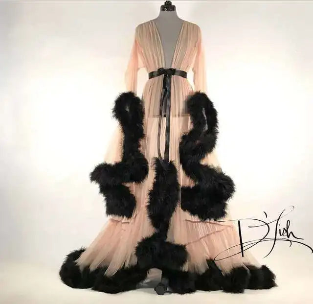 Deep V-Neck Lace Feather Maternity Gown | Photo Shoot Dress