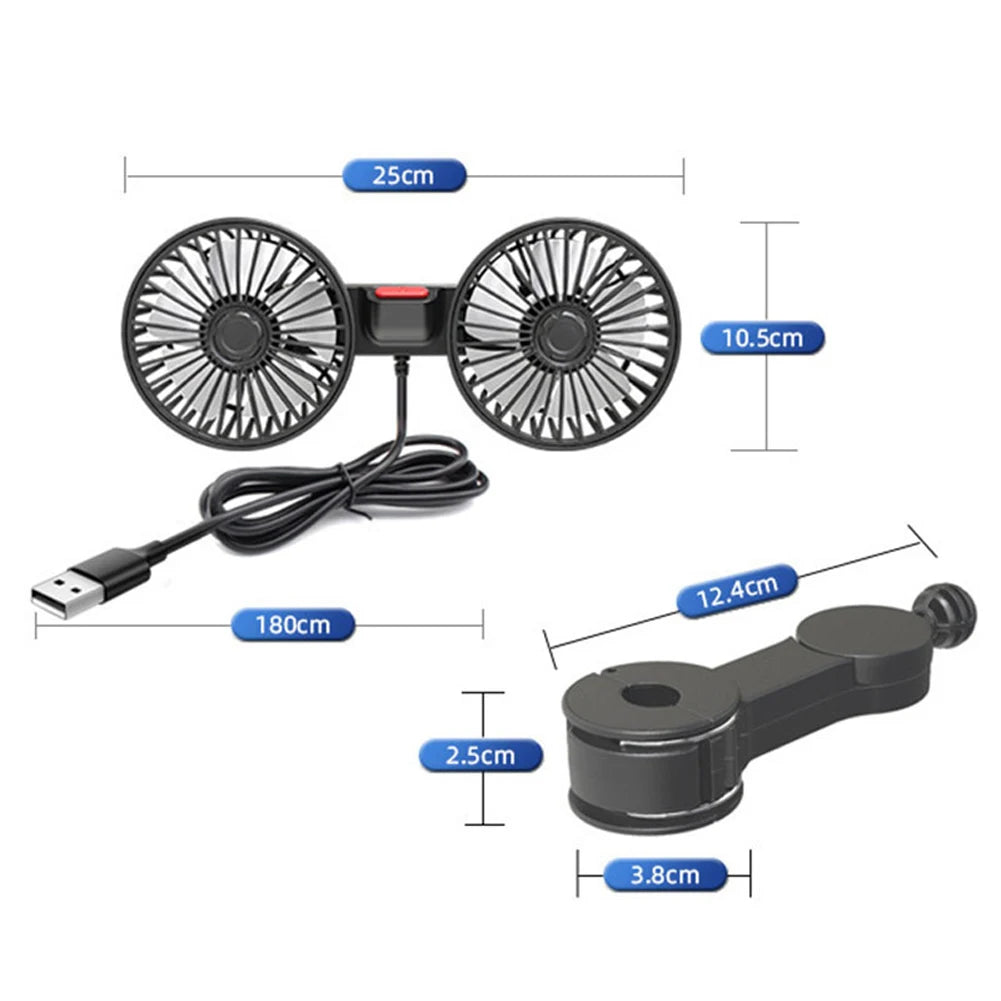 Car Fan 360° 3-speed Car seat Back Cooling Fan USB Charge Dual Head Fan Adjustable Rotation Neck Cooler for Car Home Accessories Peaceful Pleasures Health and Wellness black