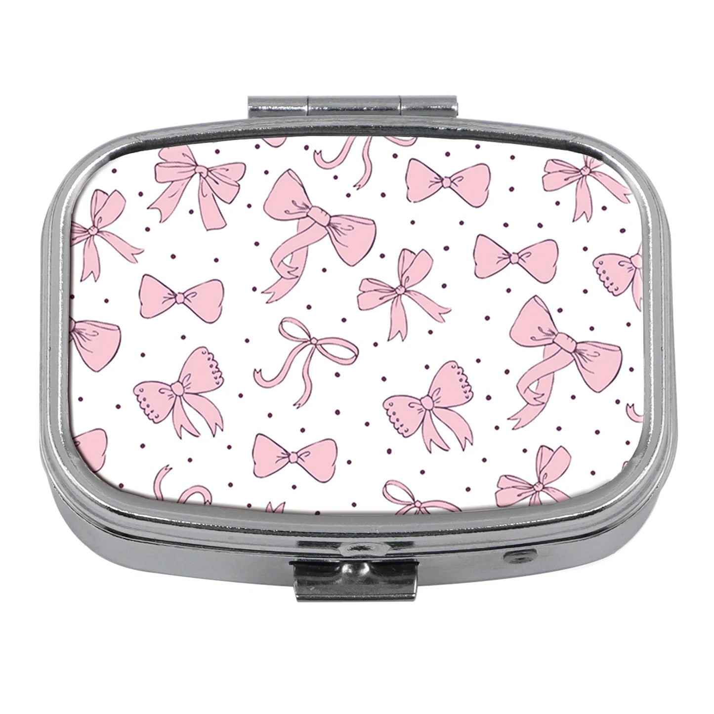 Pink Bow Mini Pill Box Travel Pill Box 2 Compartment Pocket Pill Container Daily Portable Medicine Storage Box Peaceful Pleasures Health and Wellness 1