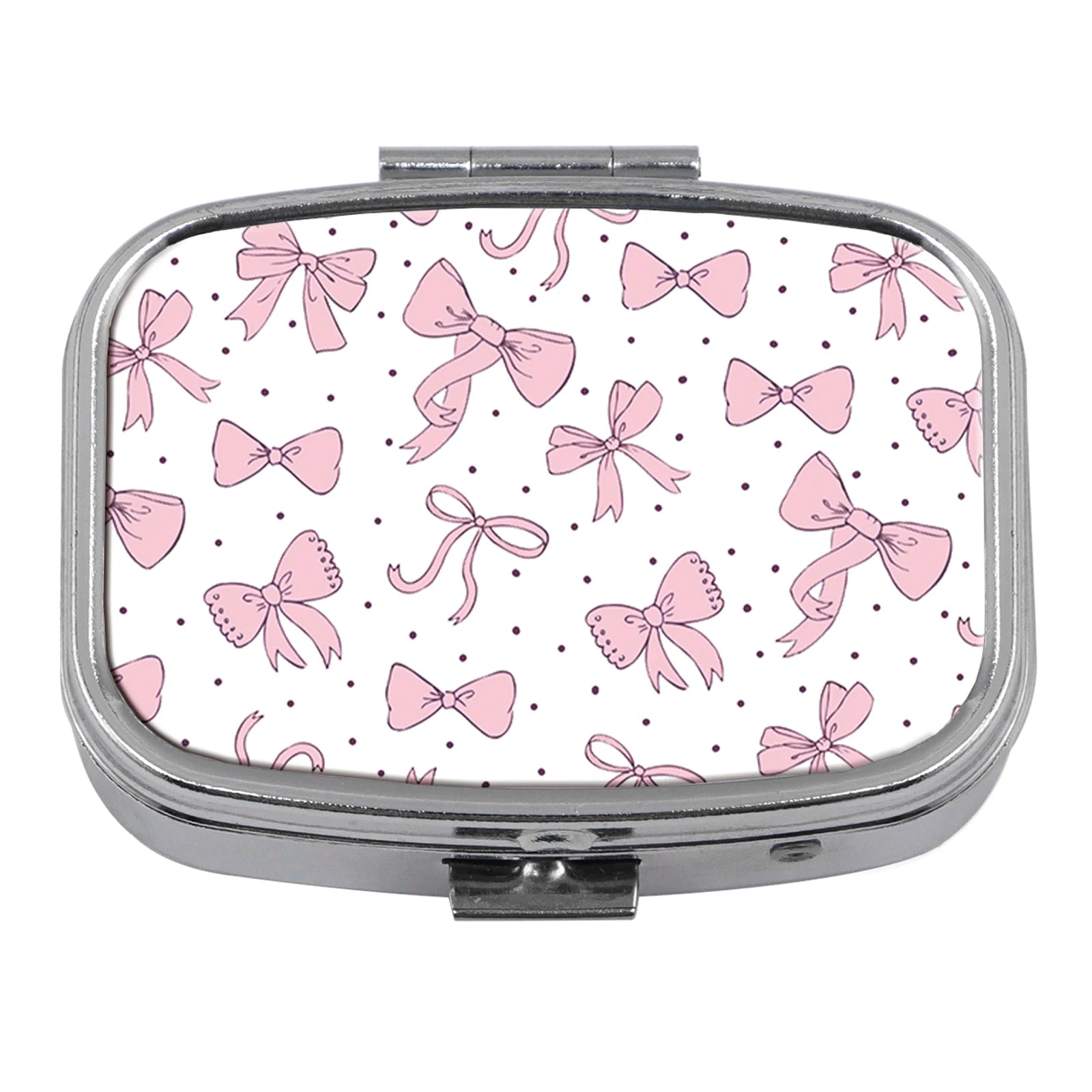 Pink Bow Mini Pill Box Travel Pill Box 2 Compartment Pocket Pill Container Daily Portable Medicine Storage Box Peaceful Pleasures Health and Wellness 1