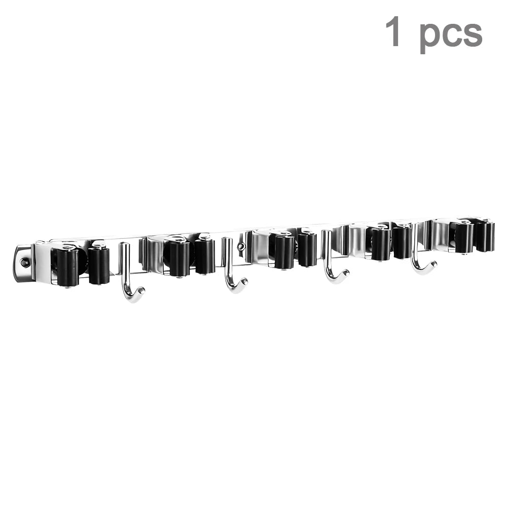 4-Hook Adhesive Broom Mop Organizer Stainless Steel Wall-Mounted Non-Slip Rack Storage Solution for Home Kitchen Garden Laundry Peaceful Pleasures Health and Wellness 5 Clips and 4 Hooks United States