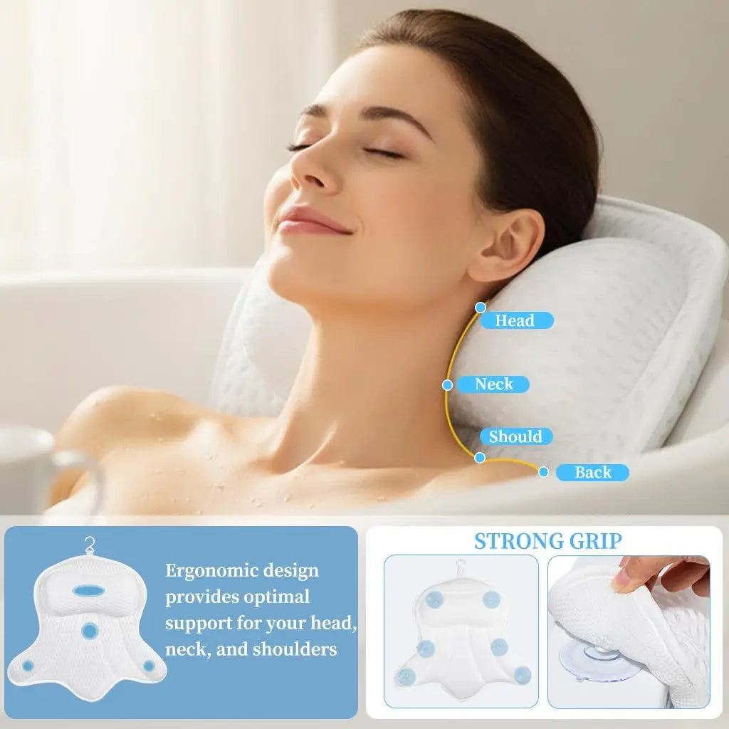 Ergonomic Bathtub Spa Pillow – 4D Air Mesh, 6 Suction Cups, White Peaceful Pleasures Health and Wellness