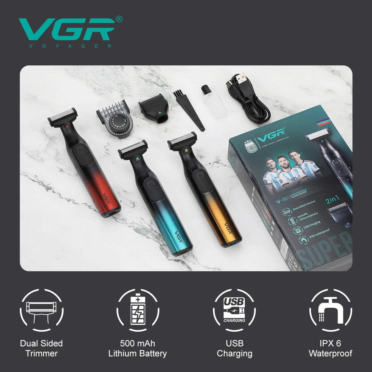 VGR new hair remover 3-in-1 hair trimming set gradient color household shaver IPX6 waterproof intelligent digital shaver V-361 Peaceful Pleasures Health and Wellness