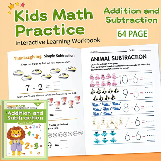 64 Pages Addition Subtraction Math Workbook Kids Interactive Learning Peaceful Pleasures Health and Wellness 1 Book