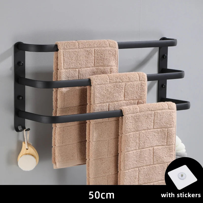 Matte Black Double Towel Bar Wall Mounted Aluminum Rack 30–50cm